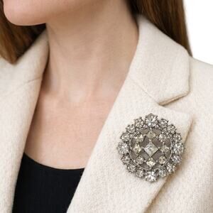 Vintage 60s Brooch Round Rhinestone Silver Tone Mid Century Pin